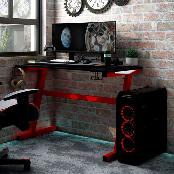 Gaming-Schreibtisch mit LED Z-Gestell Schwarz Rot 90x60x75 cm